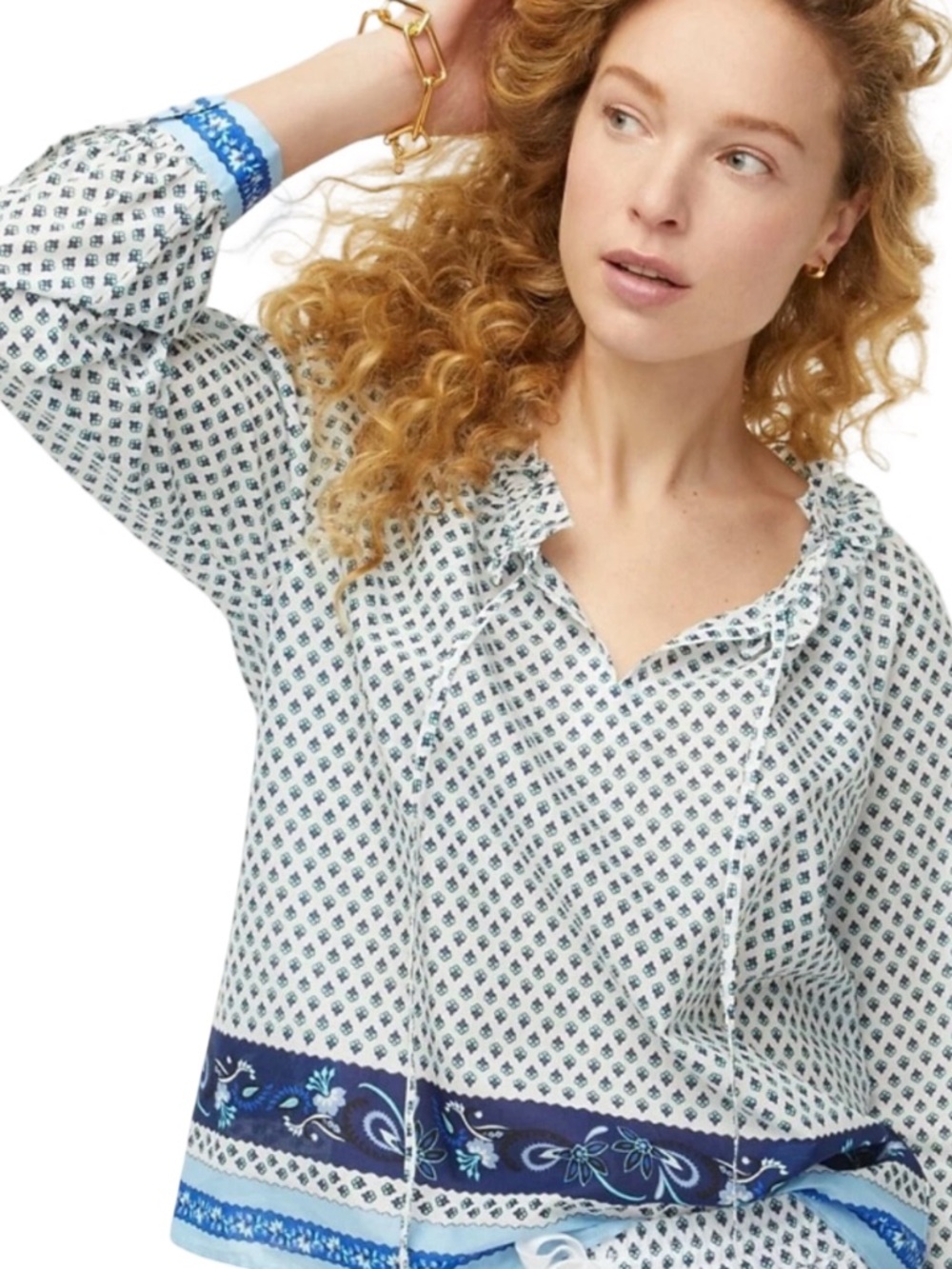 J. Crew Tie-Front Ruffle Top in Blue Ribbon Block Print
